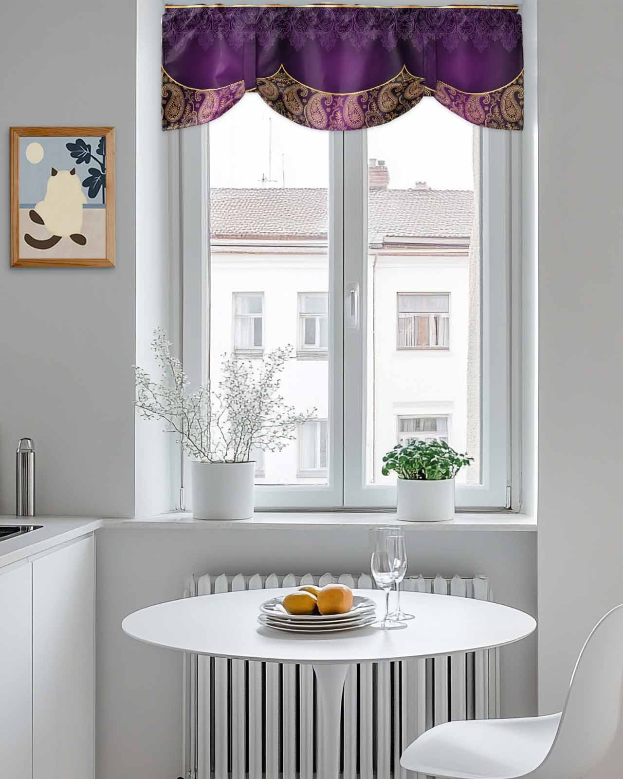 Purple Bohemian Floral Tie Up Valances Curtain, Flower Pattern Vintage Luxurious Kitchen Valances for Windows Decor, Rod Pocket Short Curtains Set for Bedroom/Bathroom, 60"x18"