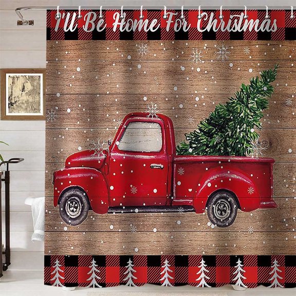 Red Farm Truck Shower Curtain, Funny Quotes Xmas Tree Country Buffalo Plaid Check Snowing Snowflake Christmas Rustic Farmhouse Bathroom Decor, Waterproof Fabric Shower Curtain, 72 X 72 Inch