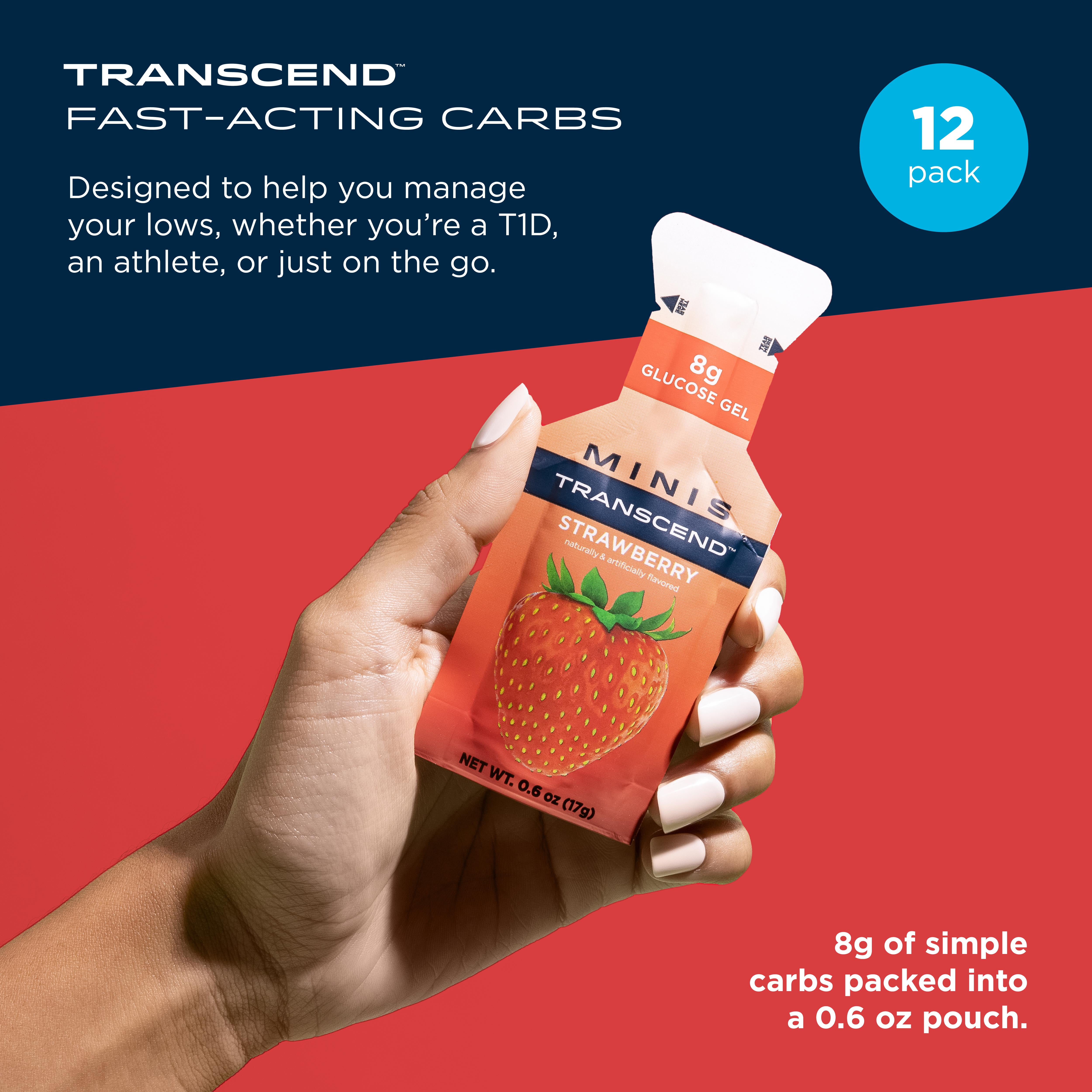 Transcend Foods Mini Strawberry Gel (.6 oz, Pack of 12) Fast-Acting Carb Gel Strawberry Flavor – Travel Size, Caffeine Free, Gluten Free