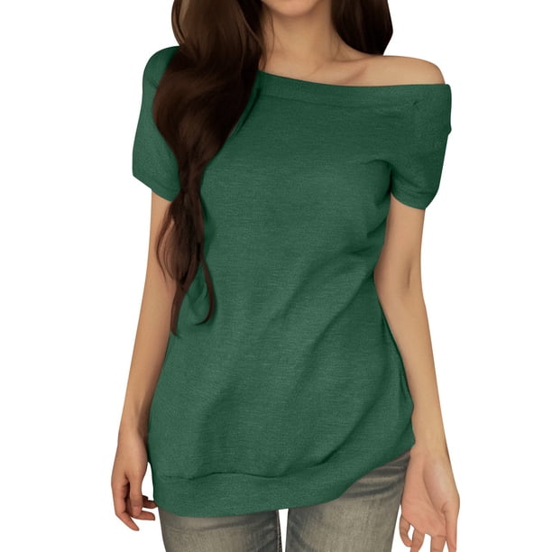 Blusa de manga corta con hombros descubiertos para mujer - Camiseta informal de verano de color liso