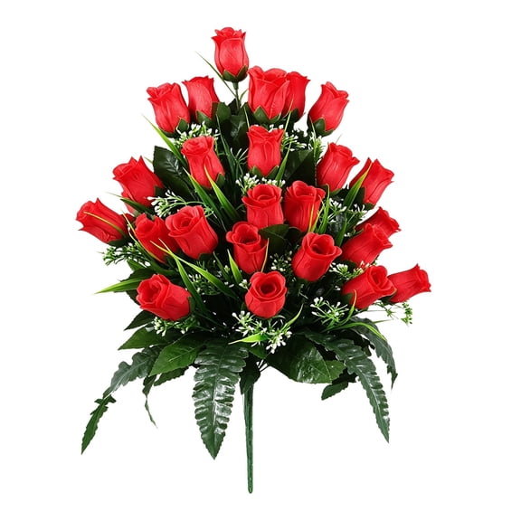 Artificial Cemetery Flowers for Grave, Red Plastic Rose Ground Insert for Memorial and Fall Gravesite Decor, 18.5 In
