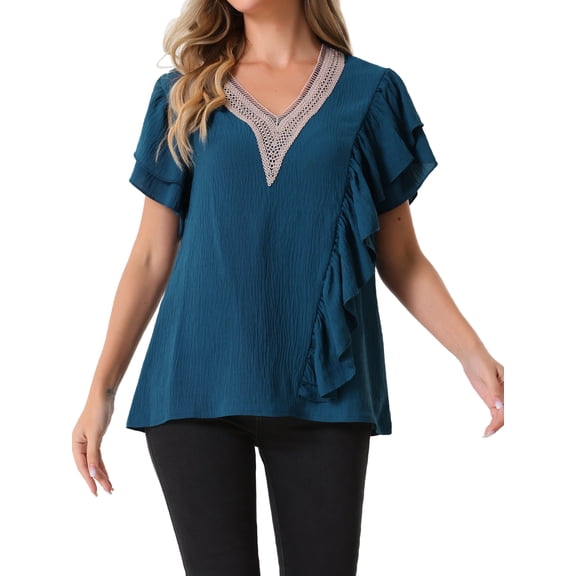 DARING DIVA Women's Ruffle Short Sleeve Elegant V Neck Blouse S Dark Blue