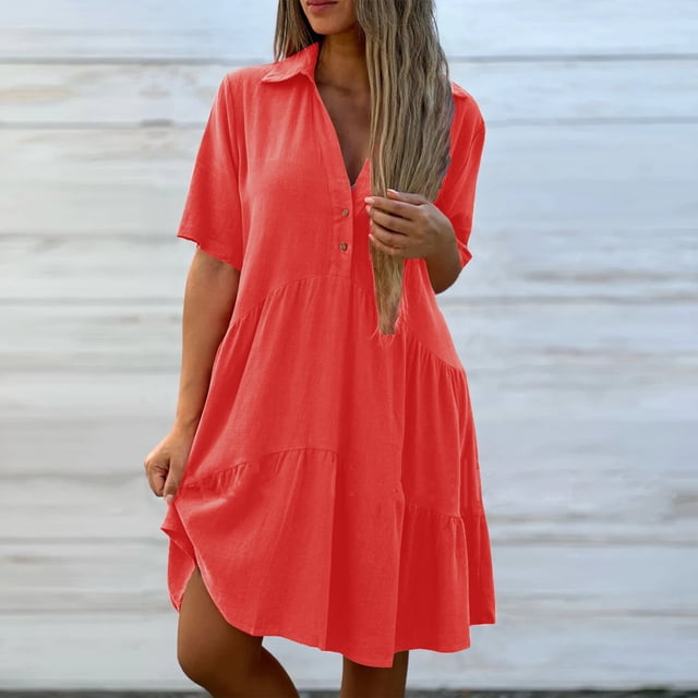 FcBaudy Robe à Manches Courtes à Col en V Longueur Genou, Robes d'Été pour Femmes, Robes pour Femmes Robe Décontractée pour Femmes avec Poches Robe d'Été à Imprimé Floral-Col Mini Robes Robe pour Femmes