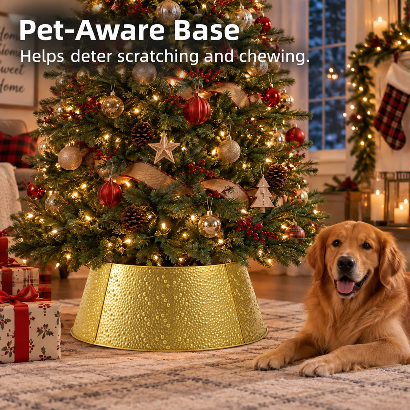 Alvantor Metal Christmas Tree Collar, Waterproof Cover, Gold, 26.57 x 22.05 x 9.45 In