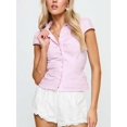 thumbnail image 3 of Women Y2K Lapel Cap‑Sleeve Button‑Down Crop Blouse, Ruched‑Front Tie‑Back Slim‑Fit Vintage Going‑Out Summer Top, 3 of 19