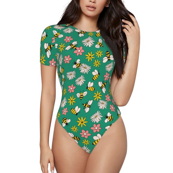 Naloa Flying Bees Women's Short-Sleeved Onesie, One-Piece Swimsuit for Parties, dates, clubs - Small