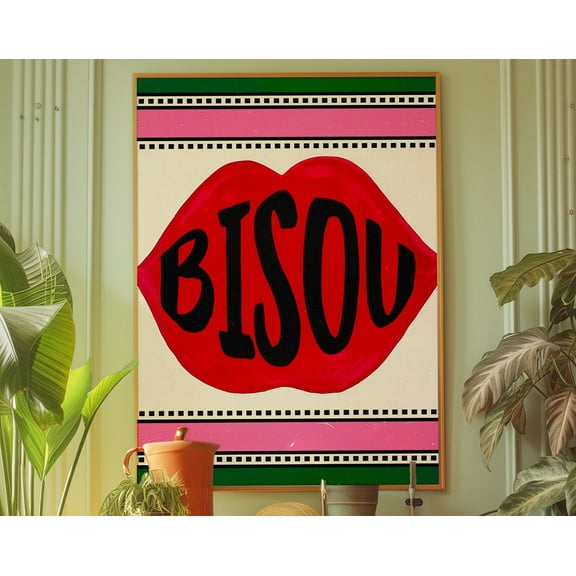 French Typography Poster, Red Wall Art, Bisou Poster, Bedroom Wall Decor, Psychedelic Art, Dopamine Decor, Eclectic Art, Maximalist Poster Wall Art, Modern Wall Decor, 8x12 UNFRAMED