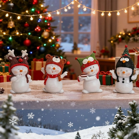 Cagogo under $5 4Pcs Snowman Figurine Christmas Ornaments, Snowman Figurine Christmas Decor, Resin Craft Home Desktop Decoration, Holiday Ornament for Living Room Office, Festive Snowman Statue