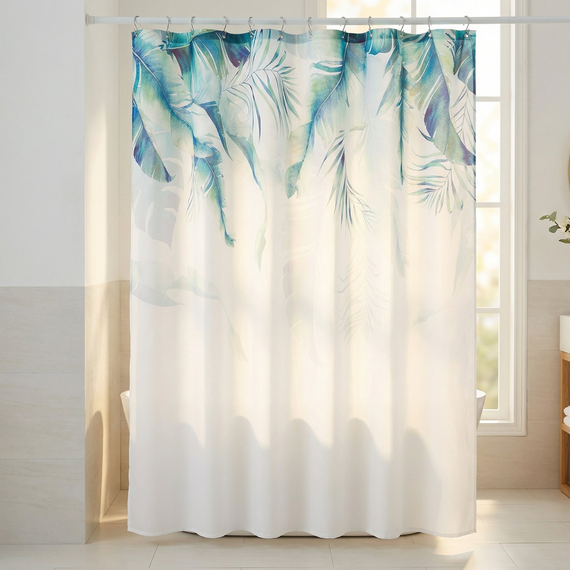 Unique Bargains Waterproof Leaf Shower Curtain Sets Hooks Green Pattern 2 71"W x 71"L