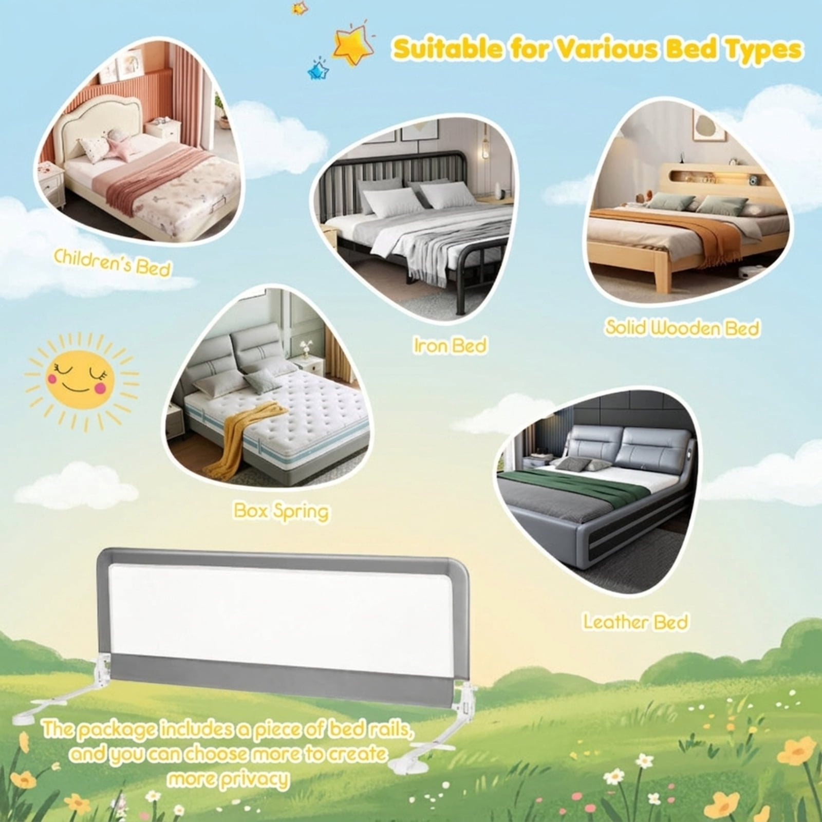 SUGIFT 59 Inch Folding Bed Side Rails Guard with Swing Down Access Breathable Mesh Panel Adjustable Safety Strap Reinforced Crossbar and Removable Washable Cover, Gray