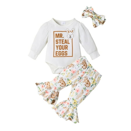 

Girls Long Sleeve Easter Rabbit Prints Romper Bodysuit Bell Bottoms Pants Outfits Toddler Halloween Sweatshirt Baby Halloween Costumes Baby Costume Pumpkin