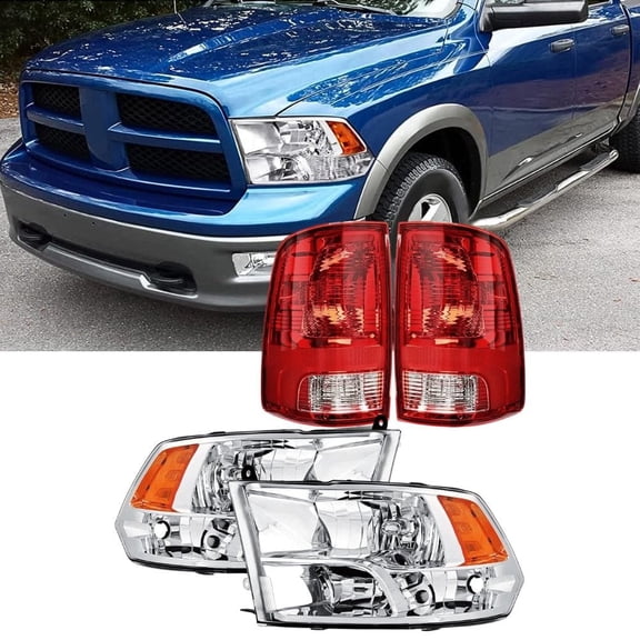 Nilight Headlight and Taillight Assembly Combo Compatible with 2009 2010 2011 2012 2013 2014 2015 2016 2017 2018 Dodge Ram for Quad Models Chrome Housing Amber Reflector with Red Housing Tail Light