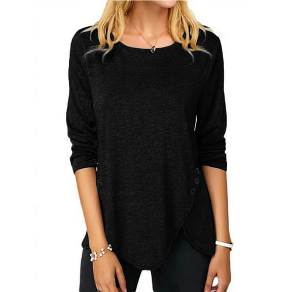 Pntutb Womens T-Shirt Fashion Solid Loose Long Sleeve Blouse Round-Neck Casual Tops Black XXL