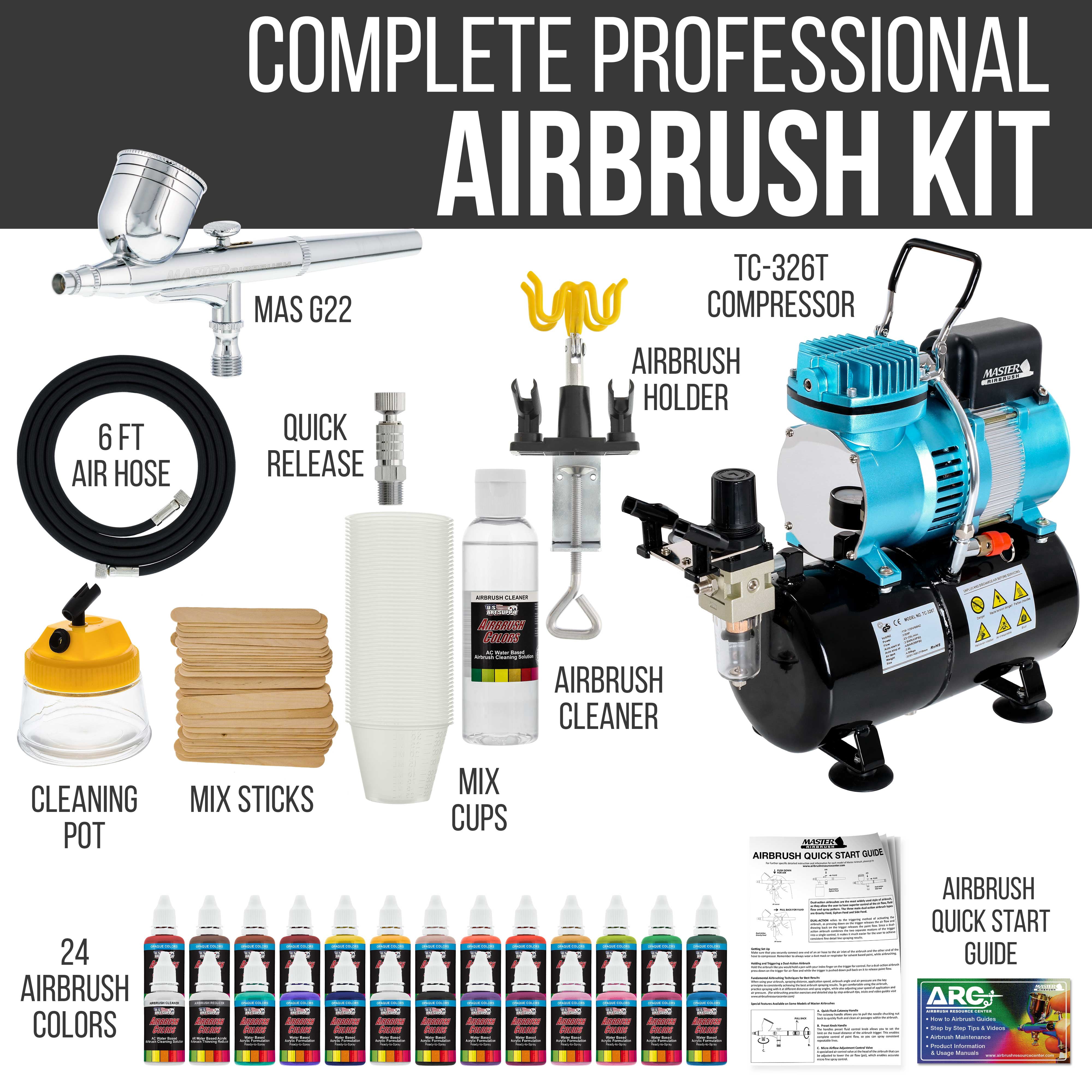 MASTER G22 Multi-purpose Airbrush Kit With Tank Compressor and 6' Air Hose Set, U.S. Art Supply Airbrush Paint, Airbrush Holder, Cleaning Pot, Quick-Connector, Mixing Sticks & Cups