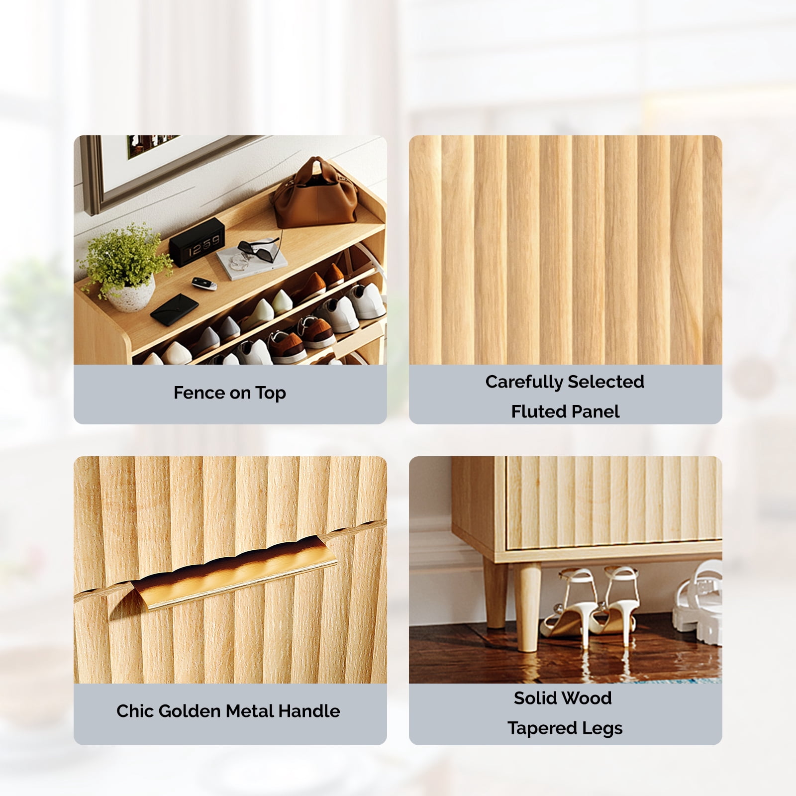 3-Drawer Shoe Cabinet with Top Grille Panel MDF Door Panels with Thermoforming + Champagne Gold Door Seams and Handles + Conical Legs for the Shoe Cabinet, 31.61*14.17*52.95in, Oak