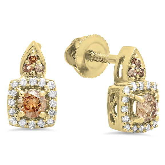 Dazzlingrock Collection 0.30 Carat (ctw) 14K Round Champagne & White Diamond Ladies Halo Dangling Earrings 1/3 CT, Yellow Gold