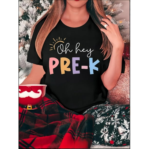 Camiseta elegante con estampado de sol y letras para mujer: cuello redondo informal, manga corta, ajuste cómodo para verano, camiseta deportiva de ocio.
