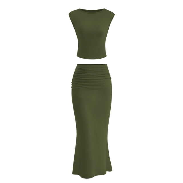 Conjunto de Falda PRETTYGARDEN Top Corto Fruncido Maxi Verde Militar XL