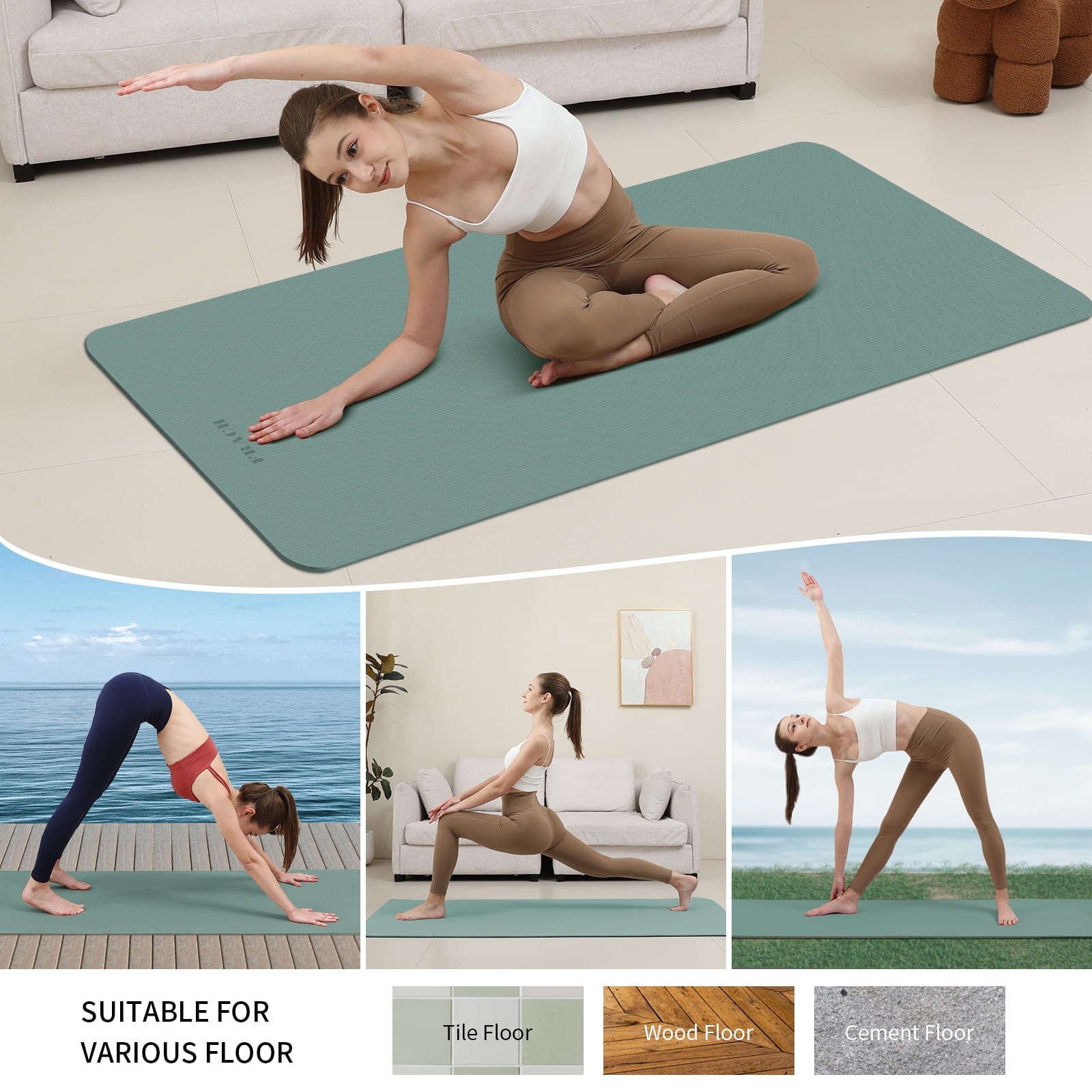 Frach Yoga Mat Extra Wide 31.5",0.3" Thick with Strap,Eco-friendly Anti-Slip Workout Mat for Outdoor and Home,Travel and Gym(Green)