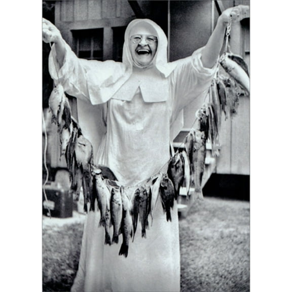 Avanti Press Smiling Nun Holding String of Fish Black and White Photo Funny / Humorous America Collection Birthday Card