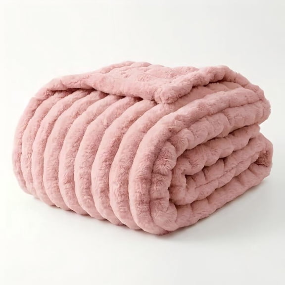 ROSEKIND Striped Blanket, Premium Faux Fur Touch Ribbed Throw for Sofa & Bed, Cozy Gift for Adults & Friends, 280GMS, 40x60in, Pink