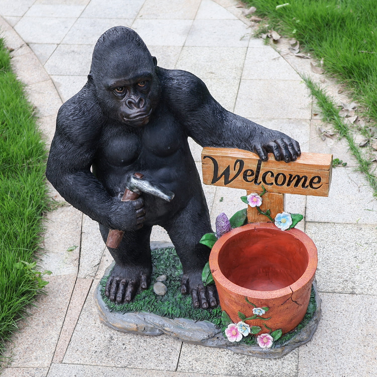 Aukfa Gorilla Garden Statue with Planter and Welcome Sign, Resin Outdoor Animal Sculpture with Built-In Flower Pot for Patio, Lawn, Porch, Entryway, Backyard Decor (Standing)