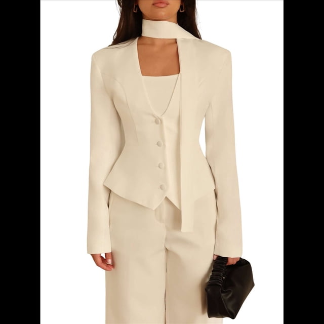 Chaqueta de Traje de Larga para Mujer, Color Liso, Cuello en V, Corte Entallado y Hombreras S