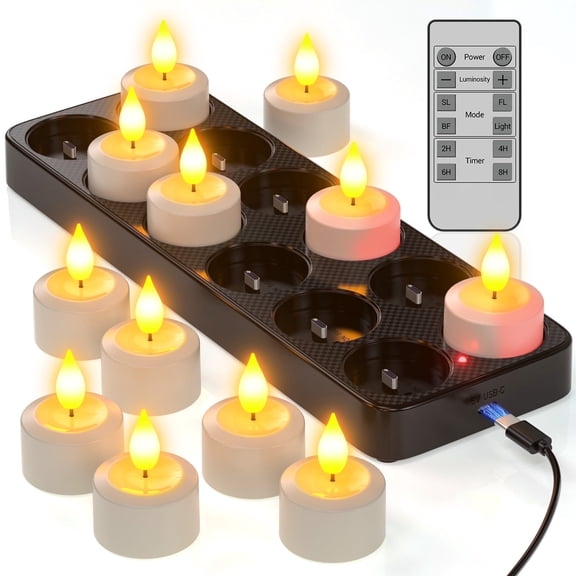 PChero 12pcs Rechargeable Tea Lights Flameless Candles with Remote Timer & Charging Base, Battery Operated LED Tealight Candles, Electric Fake USB Candles Small Votives Candles for Home Decor
