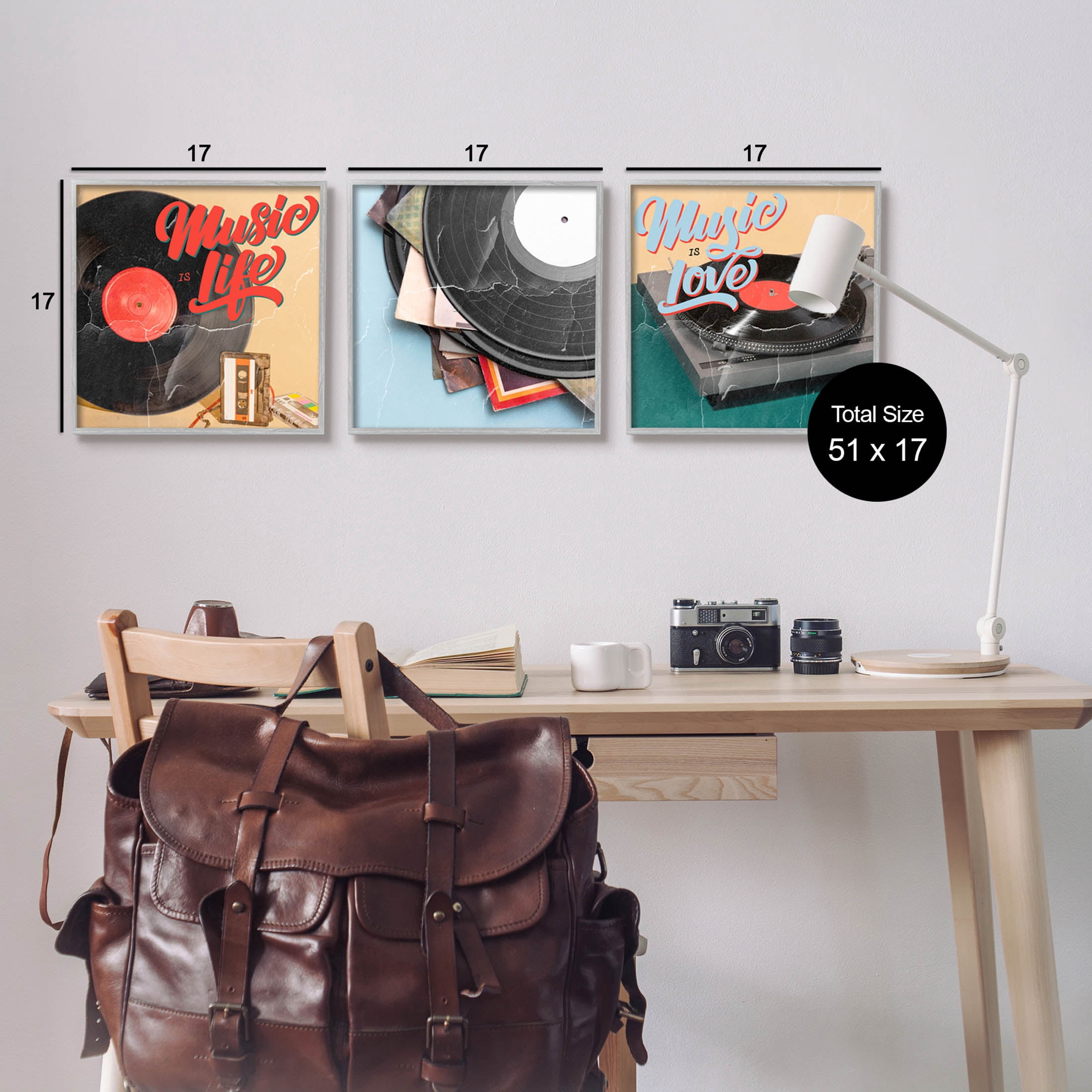 Music Is Love Life Vintage Turntable Inspirational Graphic Art Gray Framed Art Print Wall Art, Set of 3