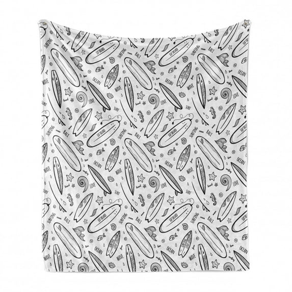 Surfboard Soft Flannel Fleece Blanket, Monochrome Coastal Pattern Water Sports Exotic Beach Sea Vacation Leisure Time, Cozy Plush for Indoor and Outdoor Use, 50" x 70", Black White, by Ambesonne