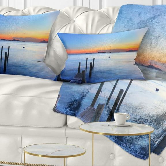 Designart Summer Sea with Wooden Pier - Seascape Throw Pillow - 12x20