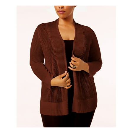 ALFANI Womens Brown Mixed-stitch Long Sleeve Open Cardigan Sweater Petites PM