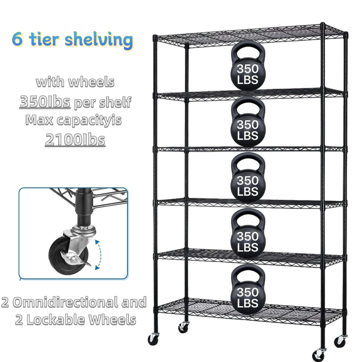 XF XINFENG 6 Tier Storage Shelves Adjustable Wire Shelving Heavy Duty Metal Shelves with Wheels 2100 lbs Capacity,Black