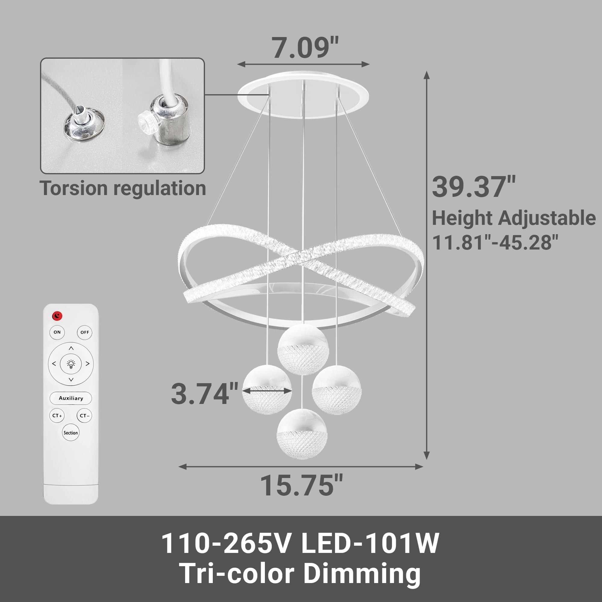 bokifol Modern LED Chandeliers,Dimmable 3-Color Kitchen Island Pendant Light for Dining Room,Bedroom,Living Room,Contemporary Hanging Ceiling Light,Linear Island Lamp,White