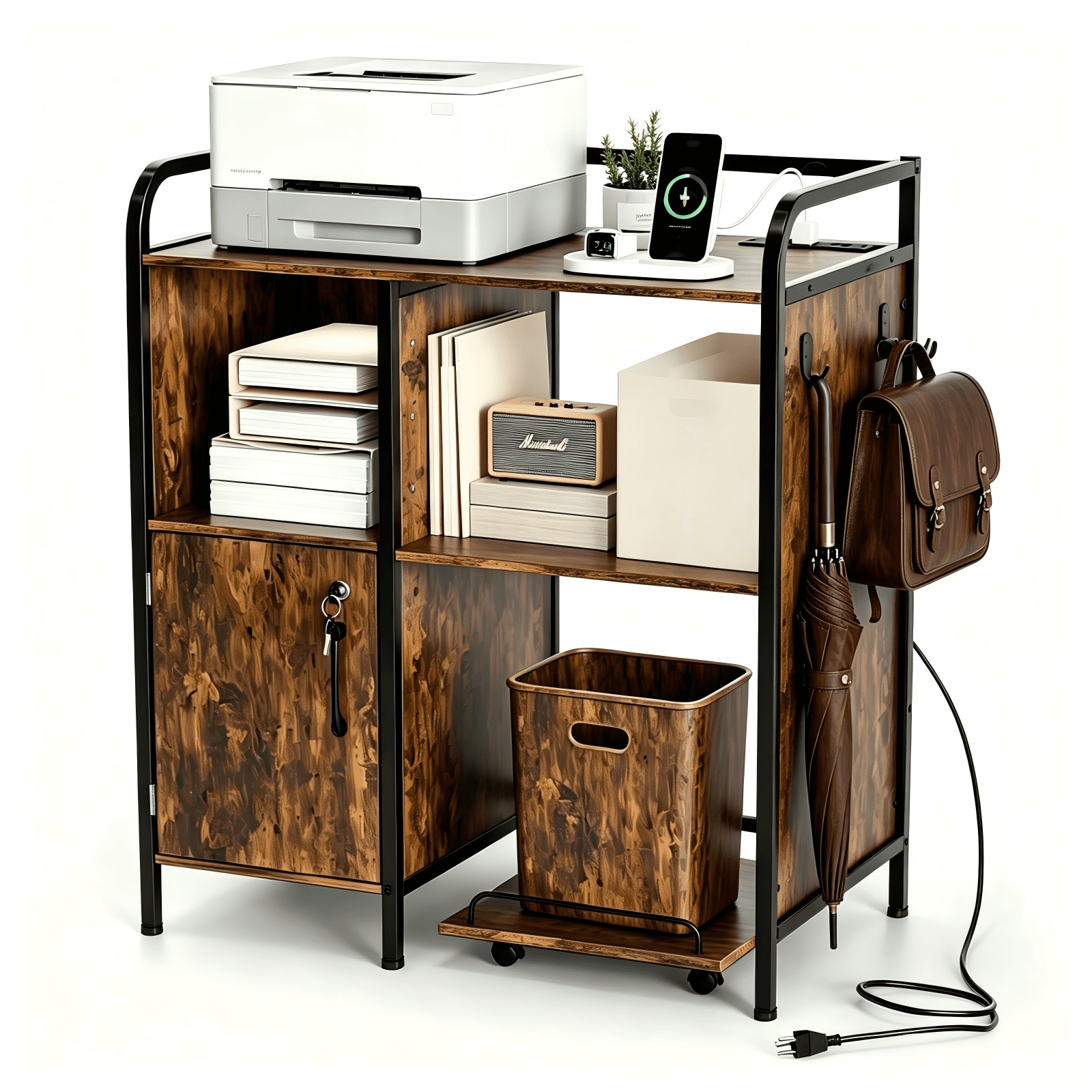 3-Tier Printer Stand with Cabinet and Iron Frame for Home Office