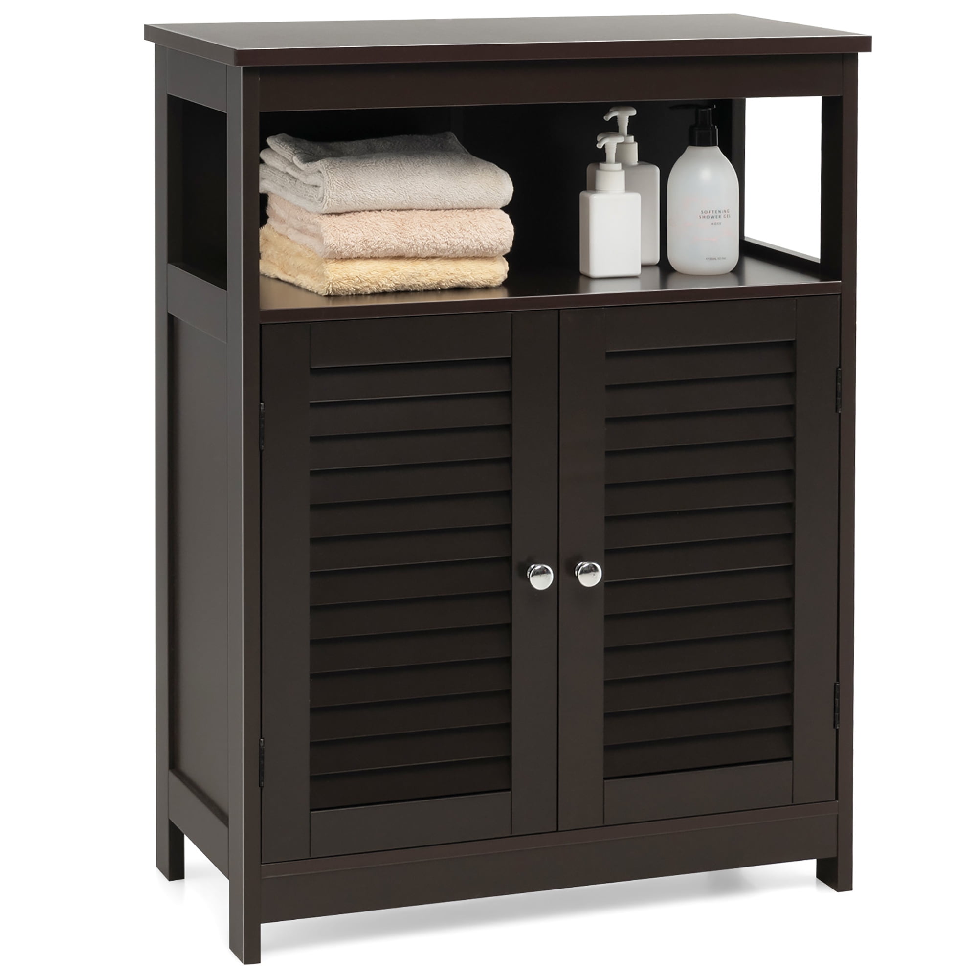 Costway Bathroom Storage Cabinet Wood Floor Cabinet w/Double Shutter Door Coffee