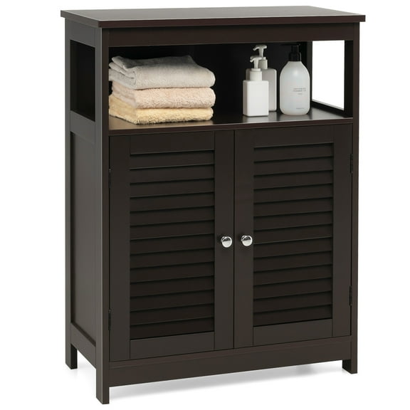Costway Bathroom Storage Wood Floor Cabinet with Double Shutter Door Coffee