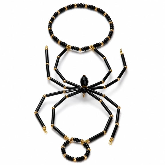 Black Gothic Spider Hand Chain Bracelet, Beaded Finger-to-Wrist Halloween Jewelry