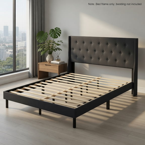 Resenkos Queen Size Upholstered Platform Bed with Button-Tufted Wingback Headboard, Features Sturdy Wood Slat Mattress Foundation, Dark Gray