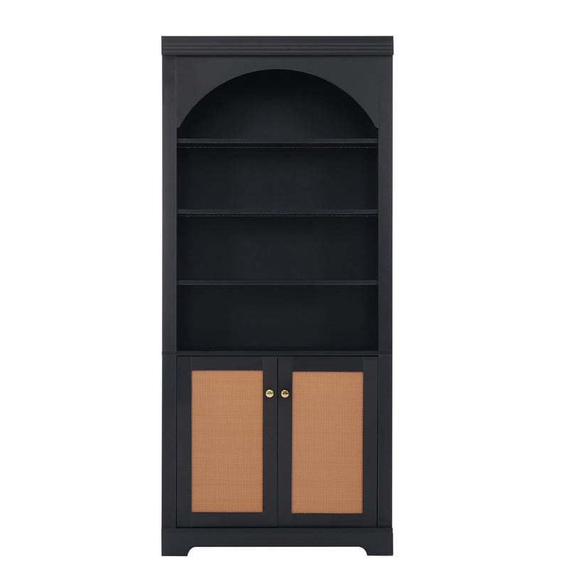 2-Door Wooden Display Bookshelf Office Hutch, Bookcase with 4-Layer LED Lighting Shelves, Storage Cabinet with Adjustable Shelf