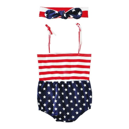 

Kids Girls Bodysuit Independence Day Printed Backless Outdoor Sports Play Wear Soft Jumpsuits