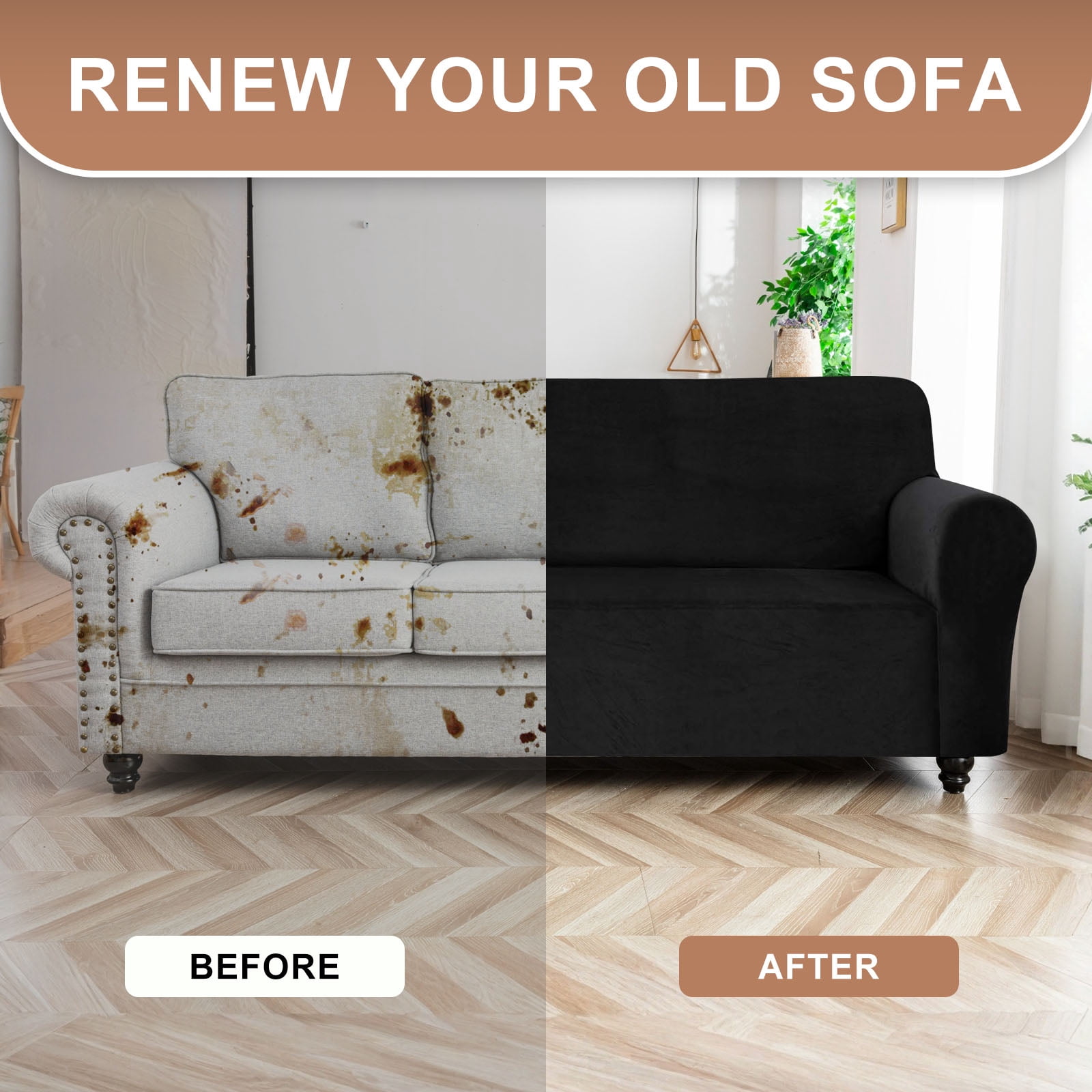 SANMADROLA 100% Waterproof Couch Covers Velvet Stretch Slipcover for 3 Cushion Sofa Cover Non Slip Leakproof Washable Furniture Protector for Kids Dogs Cats Pets, Black,Chair