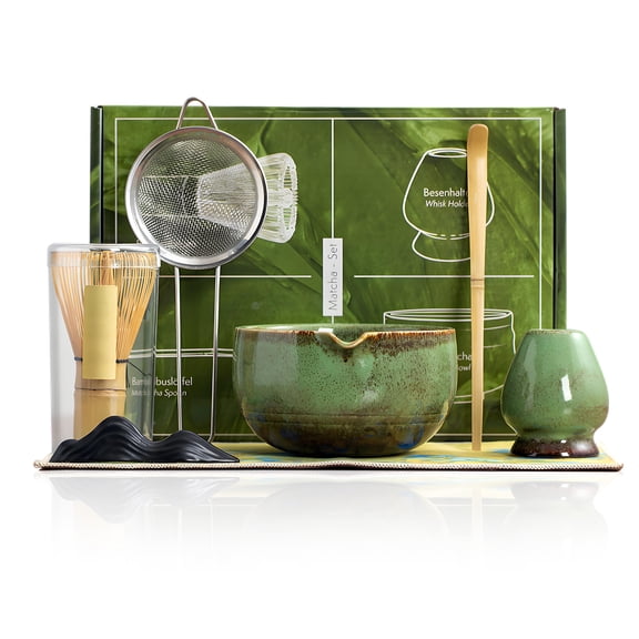 Matcha Tea Set 7-Piece Ceramic Bowl with Wooden Whisk and Scoop, Complete Japanese Matcha Kit with Stainless Steel Sifter and Holder for Beginners Green