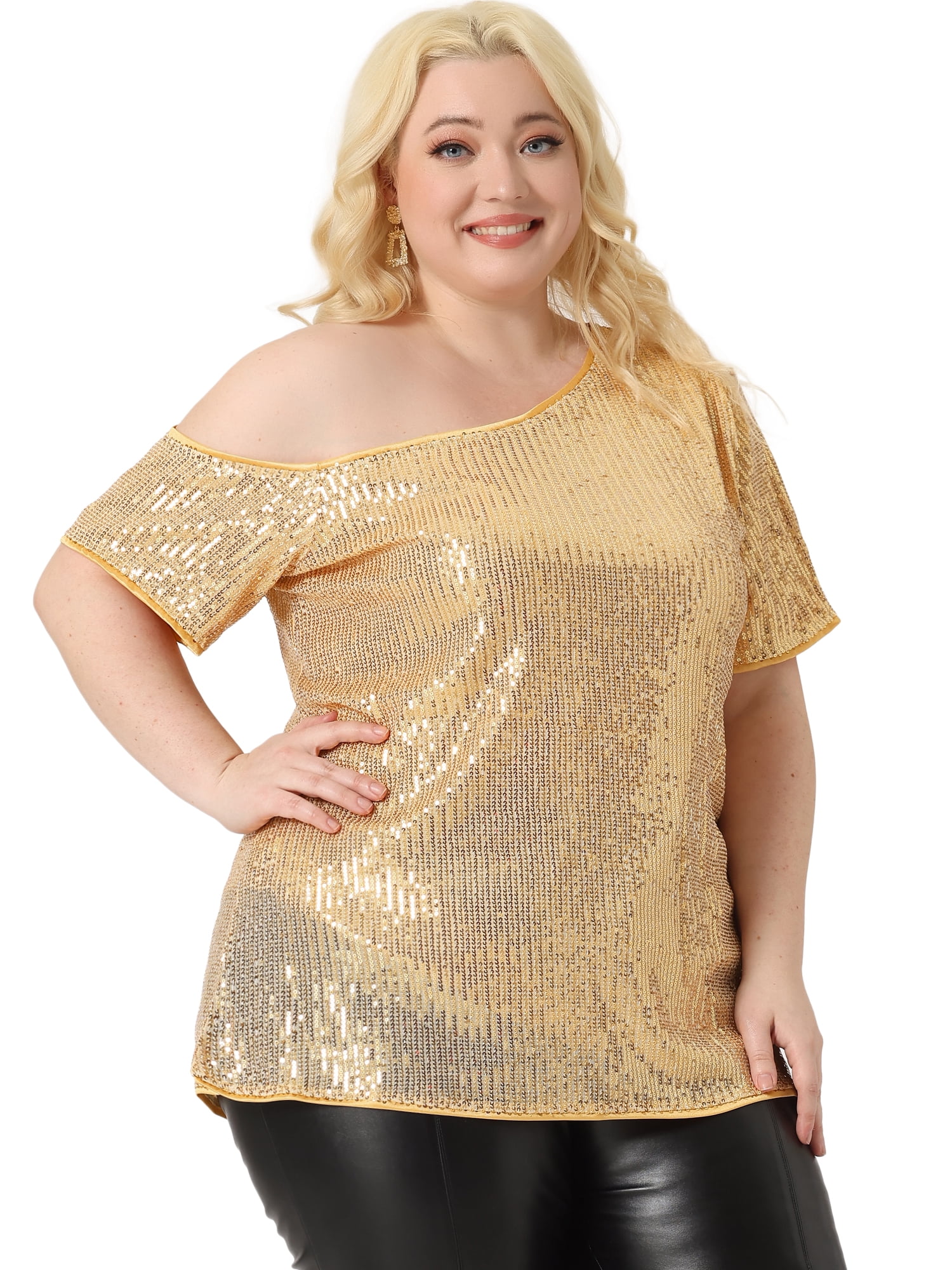Women's Plus Tops One Shoulder Short Sleeve Metallic Blouses Party Sequin Tops 3X Gold