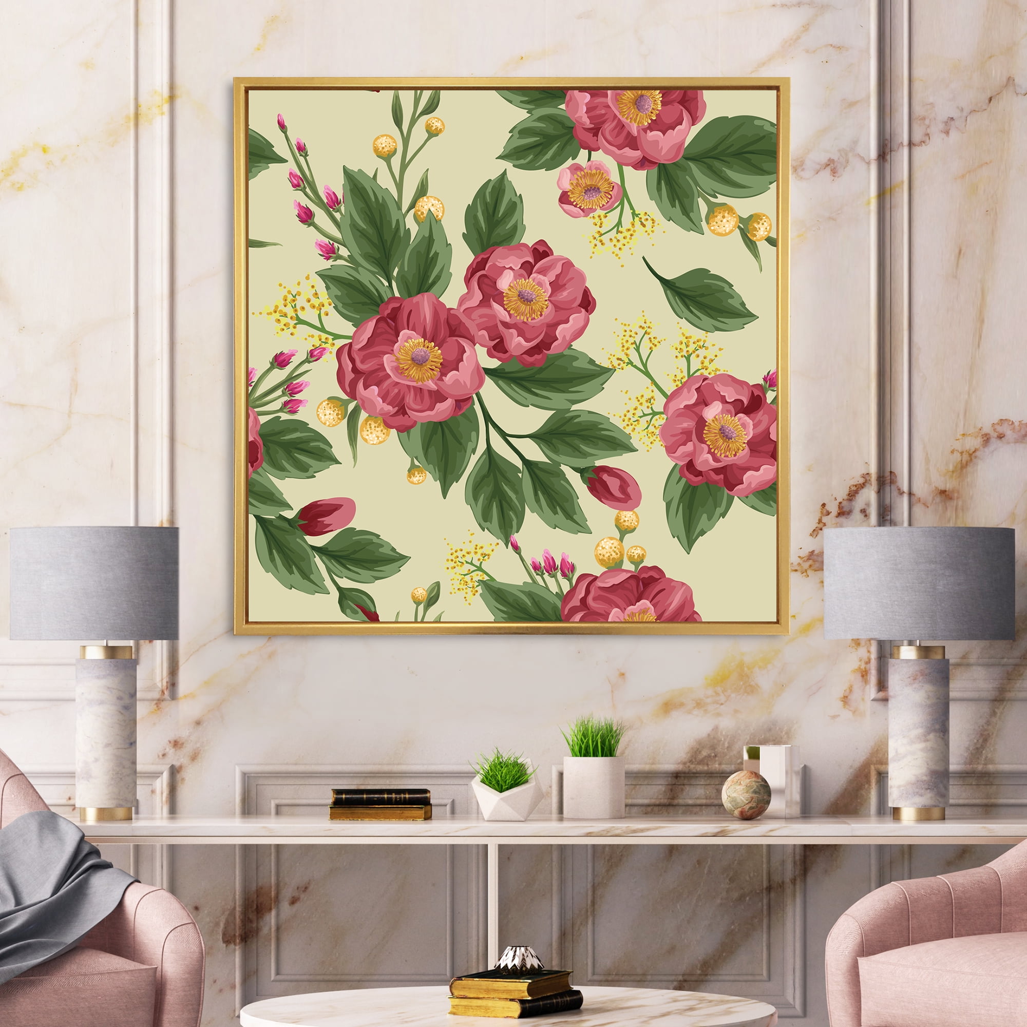 Designart 'Vintage Sweet Peas and Peonies On Beige' Traditional Framed Canvas Wall Art Print