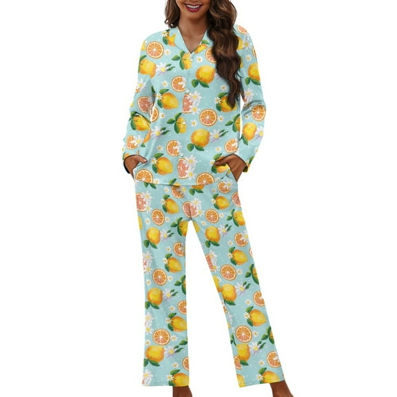 SCRAWLGOD Lemon Daisy Button Down Pajamas Women Long Sleeve Tops and Pants Set of 2 Size XS V Neck Graphic Pj Sets for Women Breathable Ladies Pj with Pockets