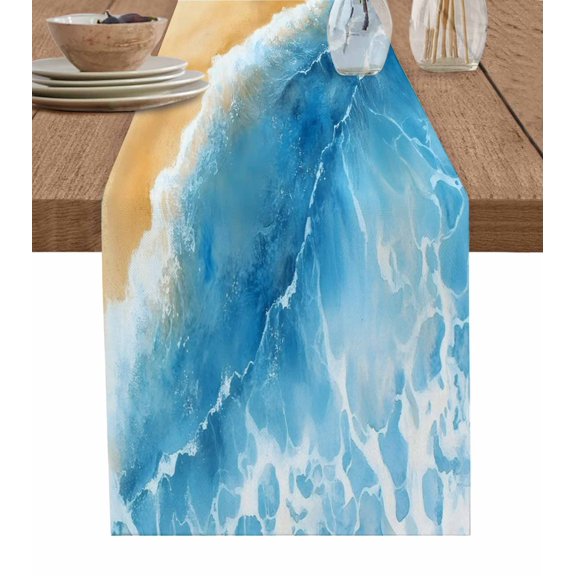Ldtrchee Blue Beach Coastal Table Runner 72 Inches, Ocean Summer Seaside Nautical Bed Runner Dresser Scarves Tabletop for Indoor Outdoor Parties/Ceremony/Banquet, 18" x 72"