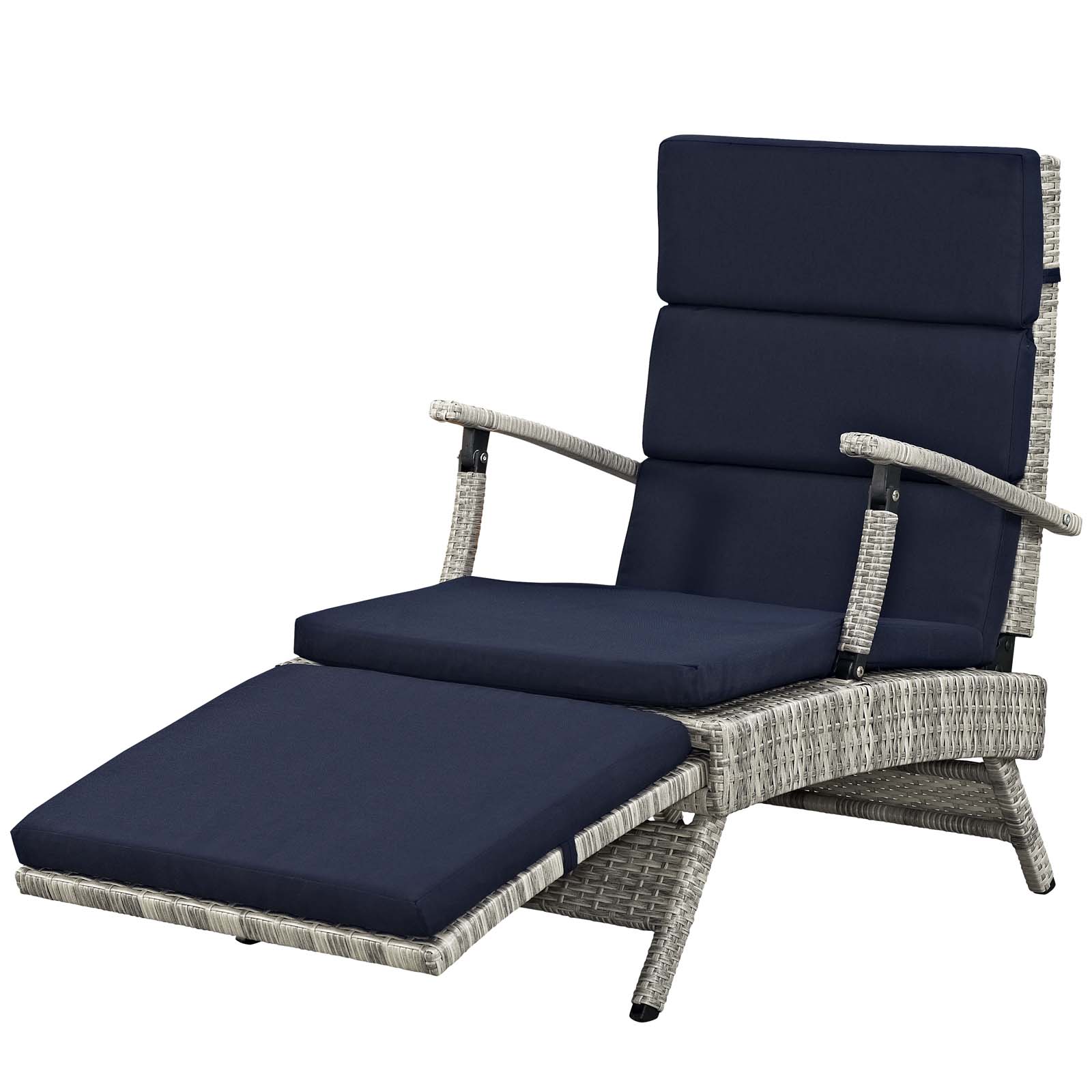 Contemporary Modern Urban Designer Outdoor Patio Balcony Garden Furniture Lounge Chair Chaise, Fabric Rattan Wicker, Navy Blue - image 1 of 9