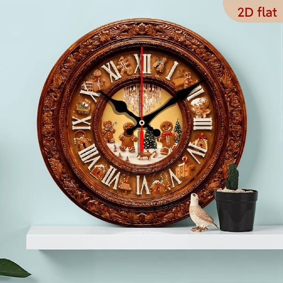 2D Flat 1pc 10Inch Wooden Gingerbread Band Round Wall Clock 10Inch Wooden Silent Movement, Battery-Powered, Suitable for Meditation, Living Room, Bedroom, Dining Room Christmas Decorations