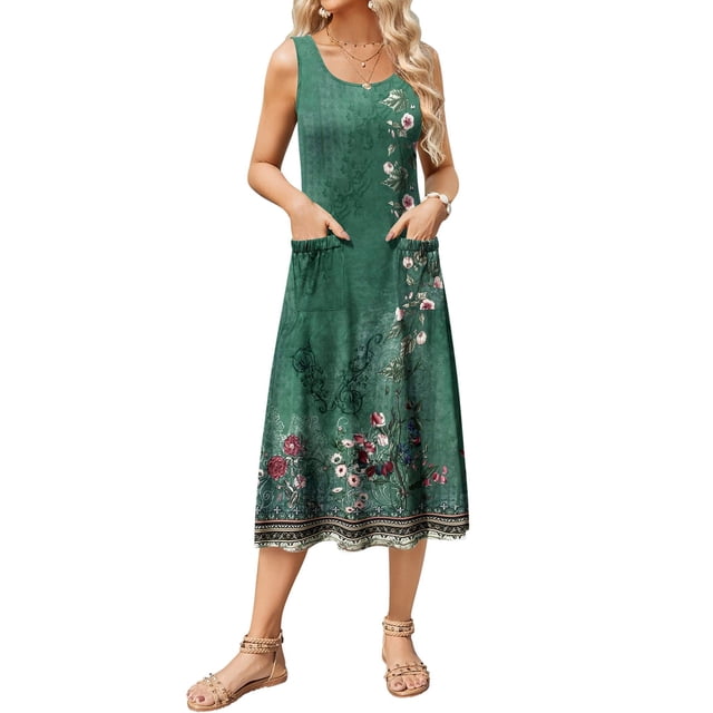 Vestido de verano Vestido midi sin mangas con cuello redondo y estampado floral Zeagoo